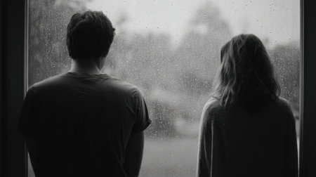 A couple stands side by side near a window, watching the rain fall outside on a gray, overcast day. Their expressions reflect a mix of contemplation and tranquility in the quiet moment together.の素材