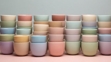 A delightful array of pastel bowls in various colors stacked harmoniously on a soft surface.の素材