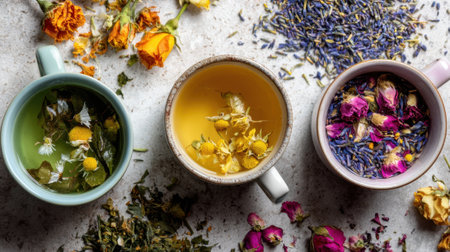 Warm herbal teas are displayed in three cups with vibrant flowers and herbs surrounding them. The scene captures a peaceful afternoon vibe, perfect for relaxation and wellness.の素材