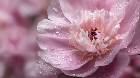 A close up view of a pink flower adorned with glistening water droplets in gentle light.の素材