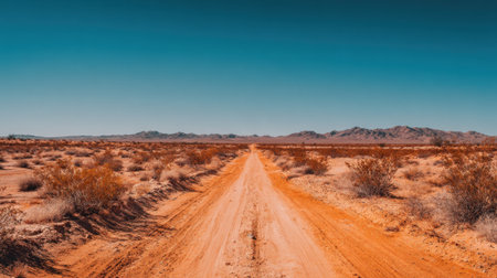 A long, unpaved road cuts through a vast desert landscape filled with shrubs and mountains in the distance. The bright blue sky enhances the dry, warm environment.の素材
