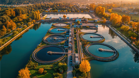 A water treatment facility is visible during sunset, with circular settling tanks reflecting the golden light. Nearby trees display autumn colors, enhancing the serene landscape.の素材