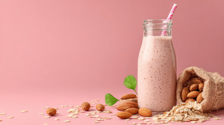 A delicious almond smoothie is served in a glass bottle with a pink straw. Surrounding ingredients include whole almonds and oats, all on a soft pink background.の素材
