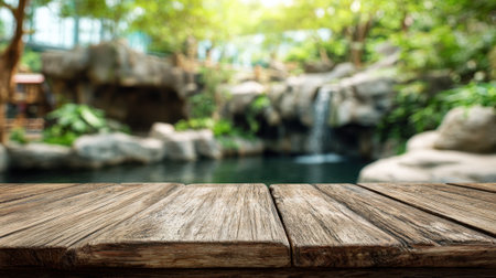 A peaceful garden scene showcases a clear pond surrounded by vibrant plants inviting relaxation.の素材