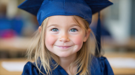 A young girl wears a blue graduation cap and gown, beaming with excitement during her school graduation ceremony. Friends and family celebrate this special milestone.の素材