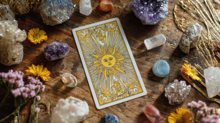 A sun tarot card lies at the center of a rustic wooden table, surrounded by various colorful crystals and dried flowers, creating a vibrant and mystical atmosphere.の素材