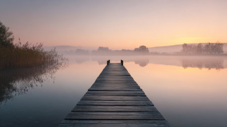 A wooden pier stretches out over still water during early morning hours, surrounded by mist and soft light. The peaceful scene captures the beauty of nature at dawn.の素材