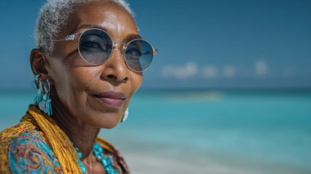 In a bright, sunny setting, a woman stands by the beach, gazing into the distance. She is adorned with colorful accessories and wears sunglasses, embodying a relaxed vibe.の素材
