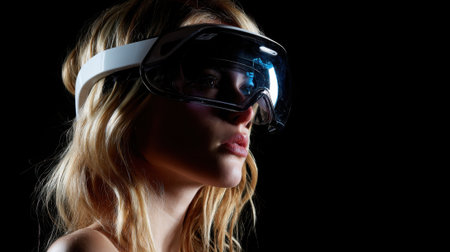 A person is focused with virtual reality goggles on surrounded by shadows evoking a sense of mystery.の素材