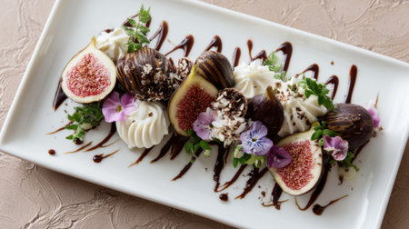 A decorative platter features fresh figs dipped in chocolate, topped with creamy whipped cream and garnished with edible flowers and mint, creating an inviting dessert display.の素材