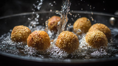 Golden fried balls coated in sesame seeds sizzle in bubbling hot oil, creating splashes of water in a dimly lit kitchen, highlighting the cooking process.の素材