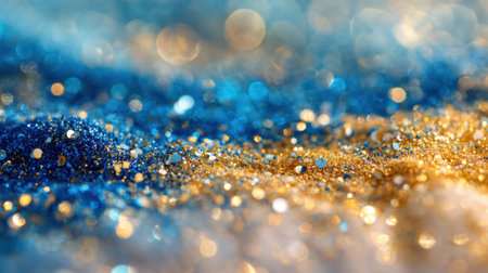 Shimmering blue and gold glitter spreads across the surface, casting a vibrant sparkle in sunlight. The scene captures the playful interplay of colors and reflections.の素材