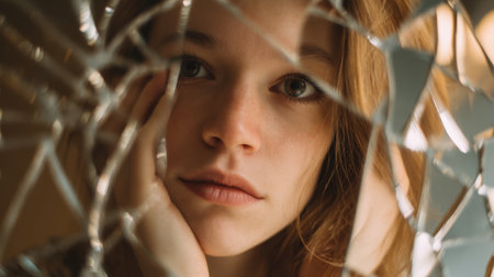 Young woman gazes thoughtfully through broken glass, her expression revealing deep emotions. Soft light enhances the mood, creating a poignant atmosphere filled with introspection.の素材