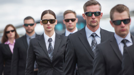 A group of six professionals dressed in dark suits and sunglasses walks with purpose under a cloudy sky. Their expressions are focused, suggesting they are on an important mission.の素材
