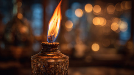 A charming oil lamp shines with a vibrant flame, creating a warm atmosphere in a cozy indoor setting. The glow adds a touch of elegance to the surrounding decor.の素材