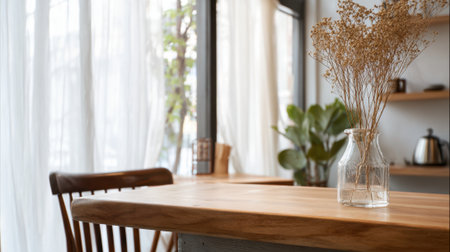 A inviting cafe scene with a warm wooden table holding a glass vase filled with dried flowers. Bright curtains let natural light in, creating a calm atmosphere.の素材