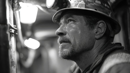 A miner gazes thoughtfully while working in an underground tunnel filled with soft light.の素材