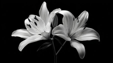 Two elegant white lilies stand out against a dark background showing their delicate beauty.の素材