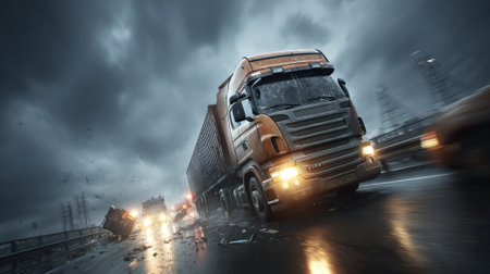 A large truck drives through a rain-soaked highway as dark storm clouds loom overhead. The scene captures a tense moment with blurred lights from nearby vehicles.の素材