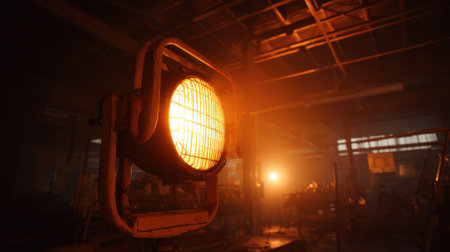 An industrial light casts a warm orange glow in a dilapidated warehouse. Dust particles dance in the air, creating a mysterious atmosphere in the fading evening light.の素材