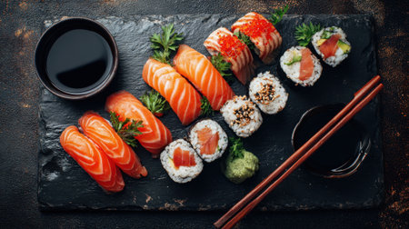 A sushi platter showcases an assortment of colorful rolls and fresh sashimi arranged on a black stone board. Soy sauce and wasabi accompany the dish for added flavor.の素材