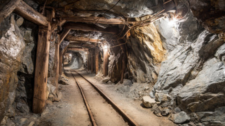 A long, narrow tunnel in an abandoned mine showcases wooden beams, train tracks, and soft lighting, highlighting the rugged rock walls and atmosphere of exploration.の素材
