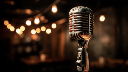 A vintage microphone stands prominently as warm lights softly glow creating an inviting ambiance for performances.の素材