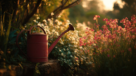 A red watering can rests beside vibrant flowers in a sunny garden. The soft light of sunset enhances the colors, creating a serene atmosphere for gardening and relaxation.の素材