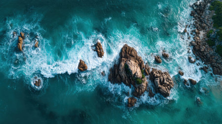 Waves crash against prominent rocky formations along a stunning coastline. The clear turquoise waters reflect the sunlight, creating a vibrant landscape in nature.の素材