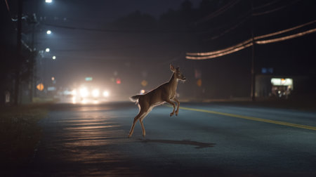 A deer jumps onto a road as headlights approach through the fog, creating a tense moment on a quiet night in a suburban area.の素材