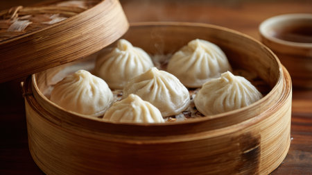 Soft and fluffy bao buns sit in a bamboo basket inviting diners to enjoy their delicious filling.の素材