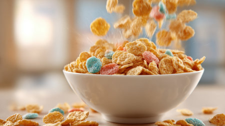 Colorful cereal pieces are being poured into a white bowl placed on a wooden table. The bright kitchen background enhances the cheerful, playful scene.の素材
