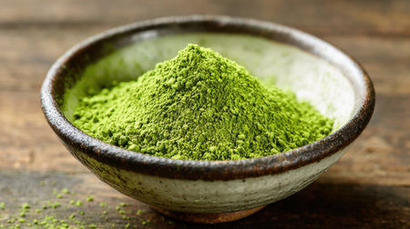 Bright green matcha powder fills a rustic bowl highlighting its rich color and texture.の素材