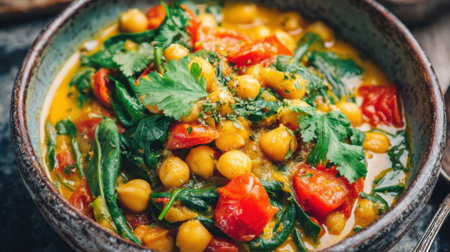 This delicious chickpea curry features fresh spinach, ripe tomatoes, and fragrant spices. It is served in a rustic bowl, highlighting its vibrant colors and hearty ingredients.の素材