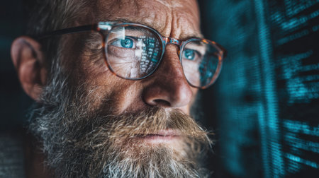 Elderly man with glasses gazes intently at projected information absorbed in thought and analysis.の素材