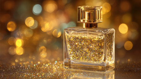 A stunning perfume bottle filled with golden glitter sparkles under soft lighting creating a magical feel.の素材
