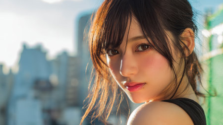 A young woman stands outdoors, facing the camera with a confident expression. The sunset casts warm light, creating a serene backdrop of a city skyline filled with buildings.の素材