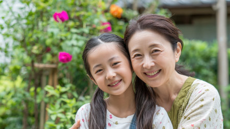 A cheerful grandmother hugs her granddaughter in a vibrant garden. They smile brightly against a backdrop of blooming roses and greenery during a sunny afternoon.の素材