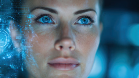 Bright blue eyes reflect advanced technology while the woman contemplates the digital world around her.の素材