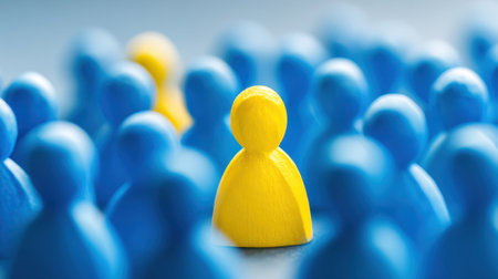 A single bright yellow figure captures attention surrounded by many blue figures symbolizing uniqueness.の素材
