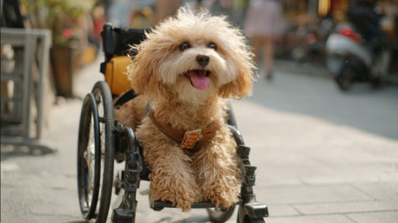 A cheerful dog sits in a wheelchair, smiling broadly as it enjoys a sunny day in a lively park filled with people and colorful scenery. The atmosphere is warm and welcoming.の素材