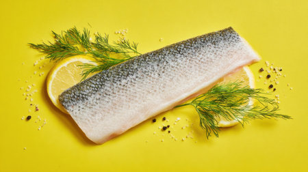 Fresh fish fillet sits beautifully on bright yellow with lemon slices and green herbs enhancing its appeal.の素材