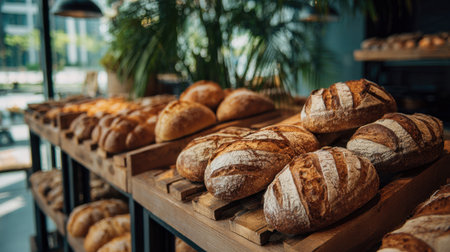 Warm, crusty bread loaves are beautifully arranged on wooden shelves in a bakery. Soft natural light filters through the windows, creating a welcoming atmosphere.の素材