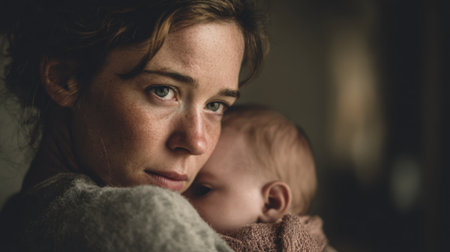 A woman with expressive eyes cradles a baby against her shoulder in a warm and cozy setting. The soft light fills the room, highlighting their bond.の素材
