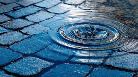 Water drops create ripples on a blue cobblestone surface. The sunlight enhances the vibrant color, showcasing the serene setting. A peaceful moment captured in nature.の素材