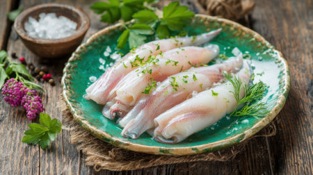 Squid is presented on a colorful plate garnished with herbs and seasoning inviting culinary creativity.の素材