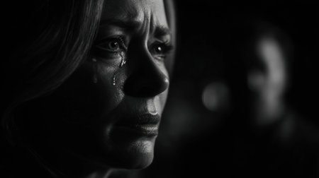 A woman shows strong emotions, with a tear rolling down her cheek. The scene is in black and white, creating a dramatic atmosphere. In the background, a shadowy figure hints at tension.の素材