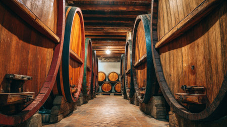 Rows of large wooden barrels are positioned in a dimly lit wine cellar, highlighting the traditional aging process of wine. The rustic atmosphere creates a cozy feeling.の素材