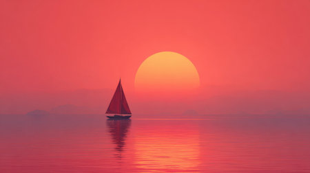 A sailboat gently moves through serene waters as the sun sets, casting a bright orange hue over the horizon and reflecting beautifully on the water's surface.の素材
