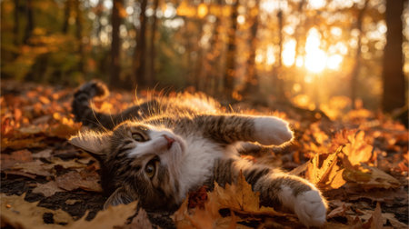 A brown and white cat is playfully rolling in colorful autumn leaves under a warm sunset glow. The forest backdrop enhances the serene atmosphere of the moment.の素材